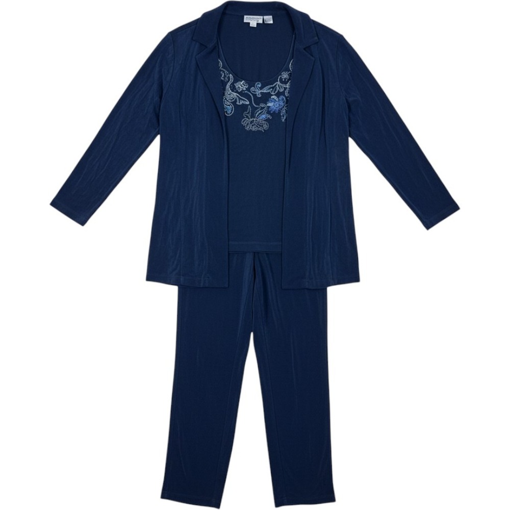 Chicos Travelers Navy Blue 3 Piece Set Embroidered Top Cardigan Pants Size 1 M
